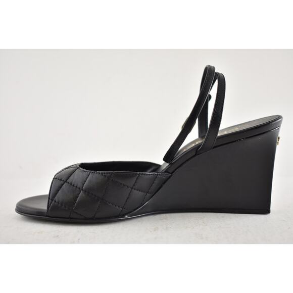 Chanel 24C Black Quilted Lambskin CC Crystal Logo Ankle Strap Sandal Wedge 38 - Picture 8 of 16